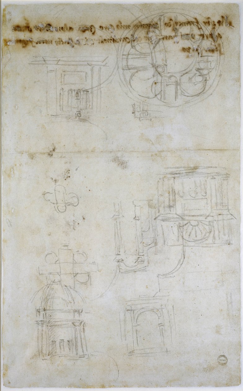 Architectonische Studies, ca. 1560 (zwarte krijt op papier) door Michelangelo Buonarroti