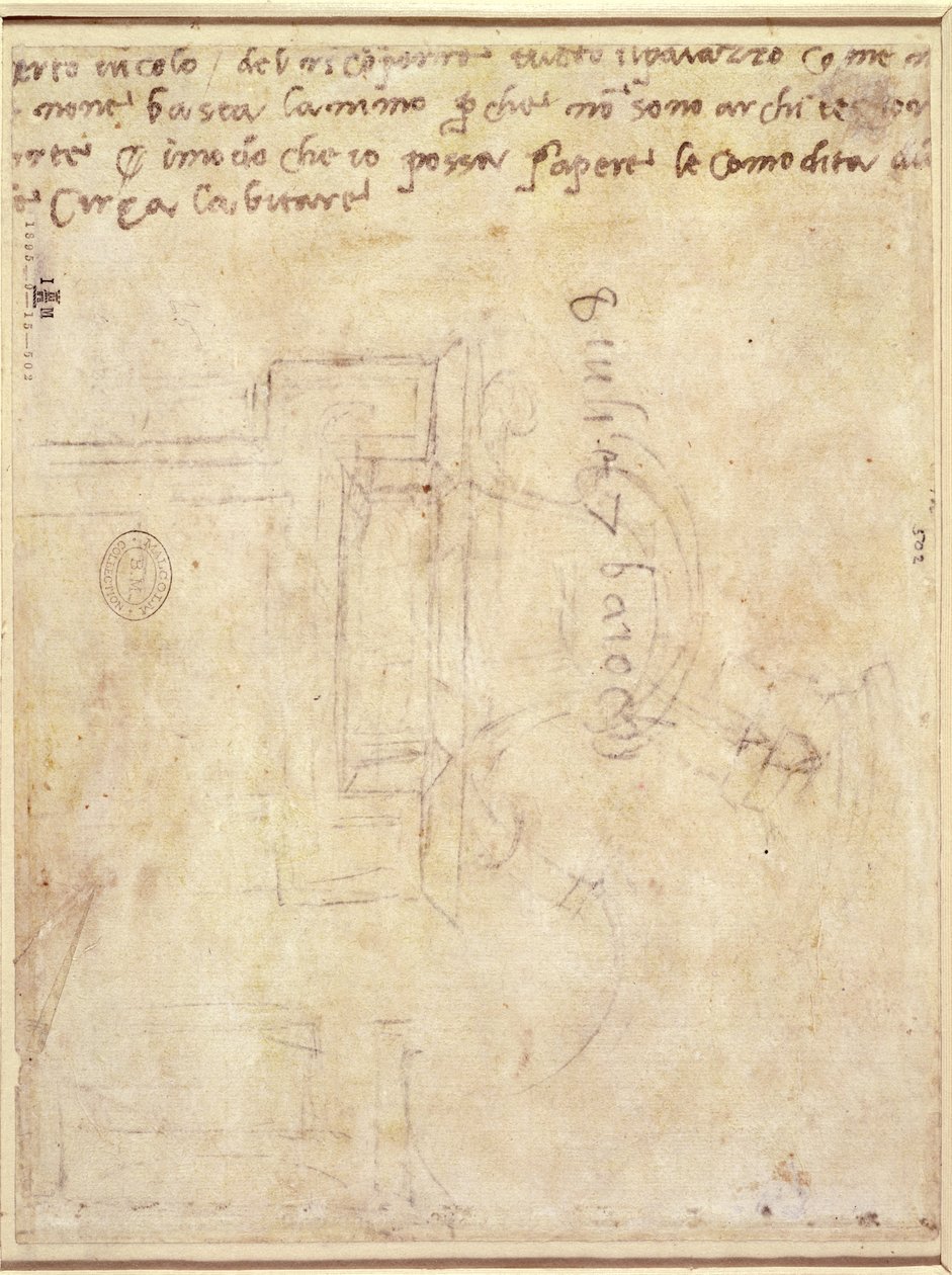 Architectonische Studie met Aantekeningen (pen en potlood op papier) (verso) door Michelangelo Buonarroti