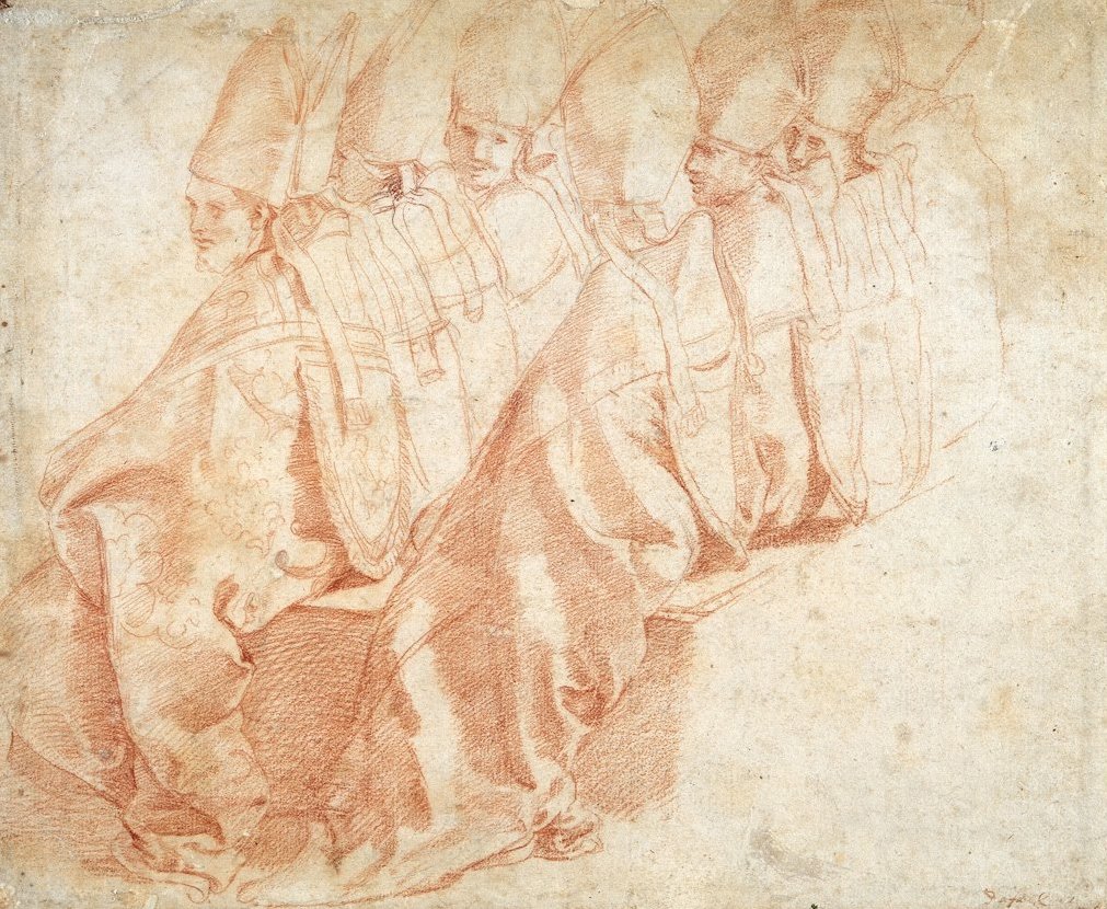 Acht zittende bisschoppen door Michelangelo Buonarroti
