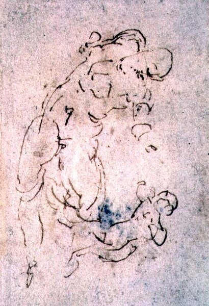 Schets van liggende man en kind (rode krijt) door Michelangelo Buonarroti