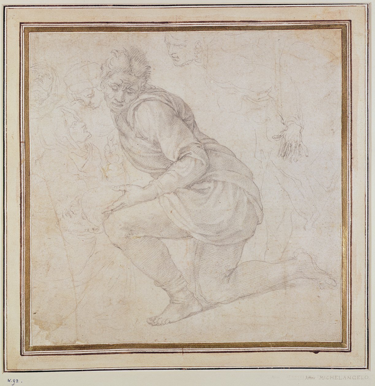 Inv. 5211-75 Fawkener Recto (W.92) Knielende man (tekening) door Michelangelo Buonarroti