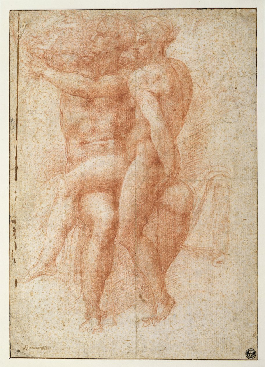 Naakte vrouw zittend op de knieën van een zittende naakte man: Adam en Eva door Michelangelo Buonarroti