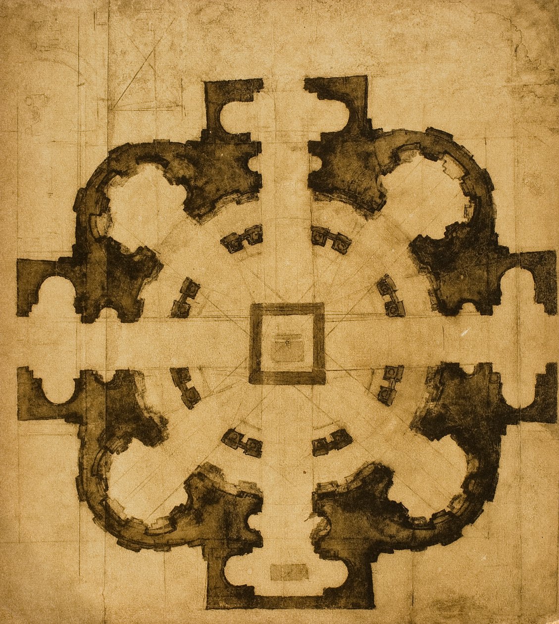 Plan of project voor een kerk; tekening door Michelangelo door Michelangelo Buonarroti