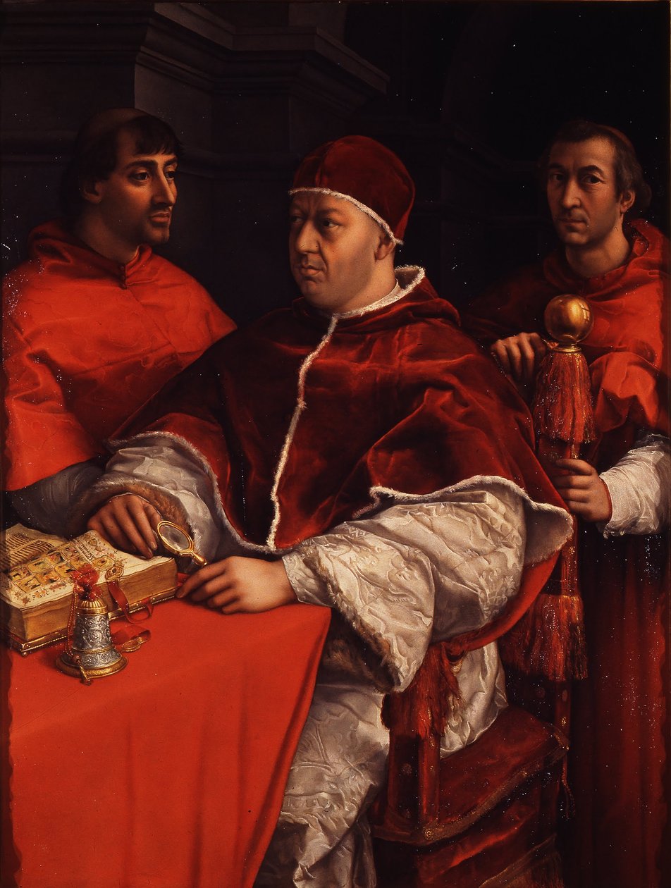 Portret van Leo X met de kardinalen Giulio de Medici en Luigi de Rossi door Michelangelo Buonarroti