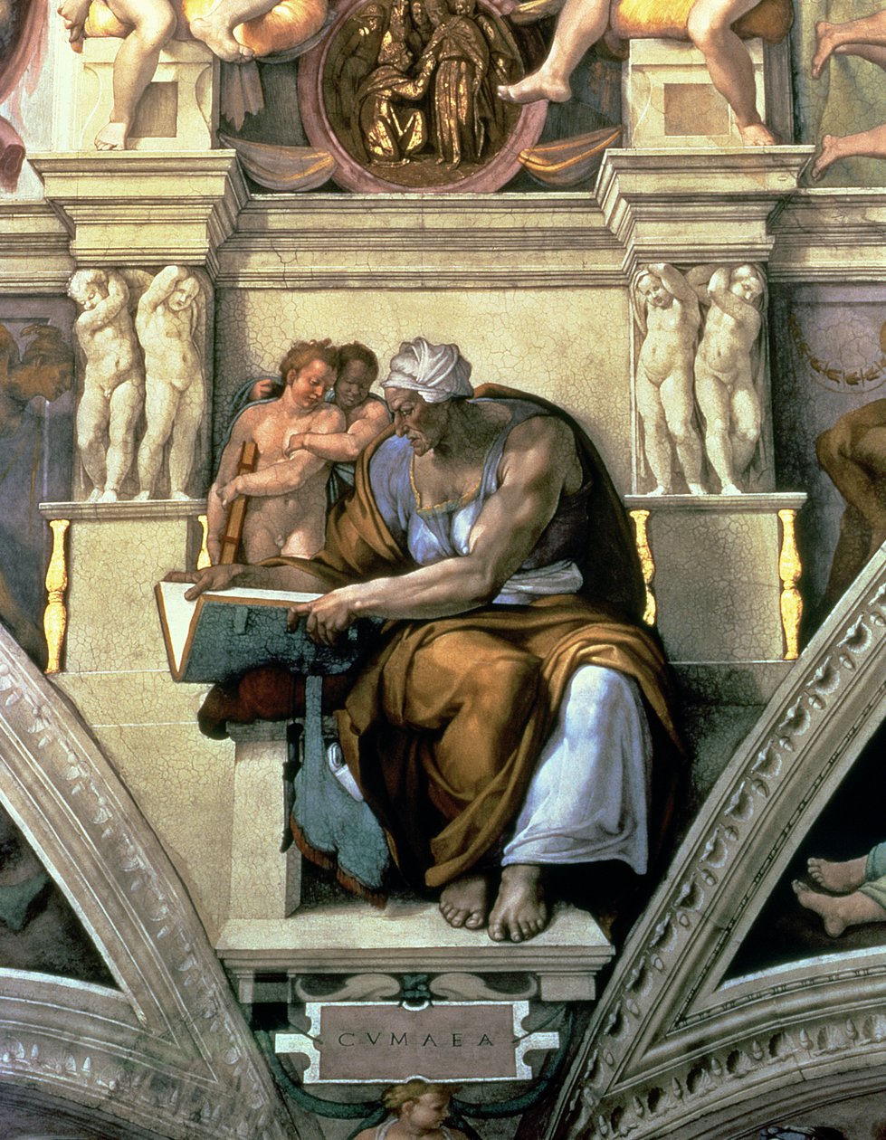 Sixtijnse Kapel Plafond: Cumaeense Sibyl (na restauratie) door Michelangelo Buonarroti