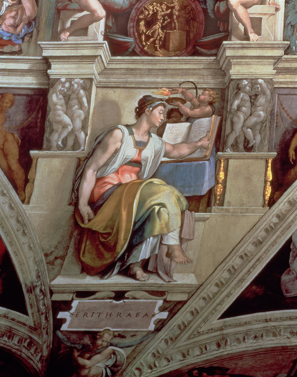Sixtijnse Kapel Plafond: Erythraeïsche Sibylle, 1510 (na restauratie) door Michelangelo Buonarroti