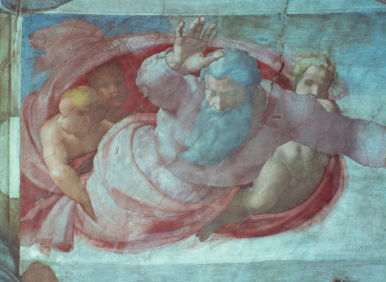 Sixtijnse Kapel: God die de wateren en de aarde scheidt (voor restauratie) (detail) door Michelangelo Buonarroti