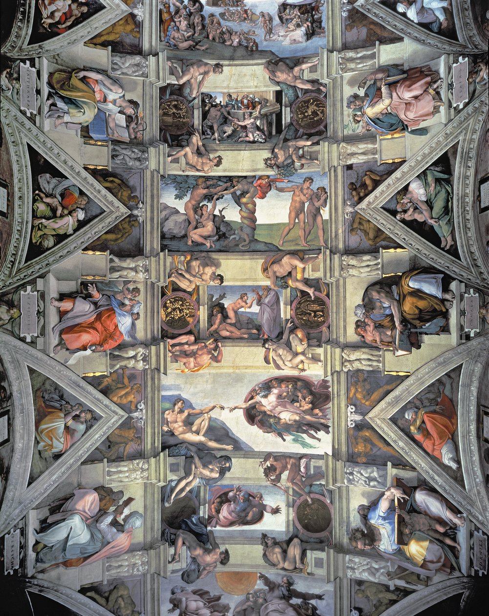 Plafond en lunetten van de Sixtijnse Kapel, 1508-12 (na restauratie) door Michelangelo Buonarroti