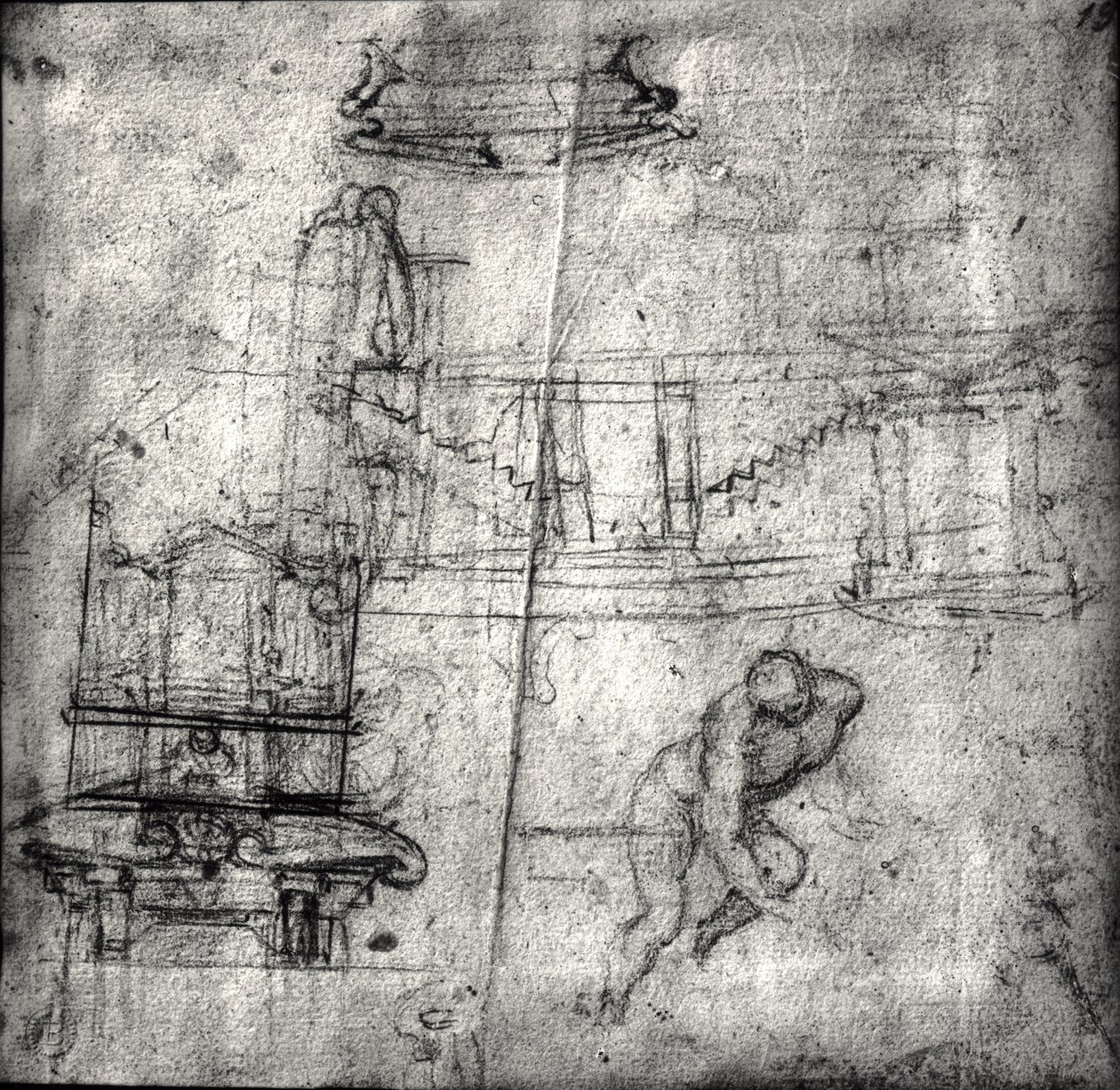 Schets met architecturale studies en een mannelijk naakt door Michelangelo Buonarroti