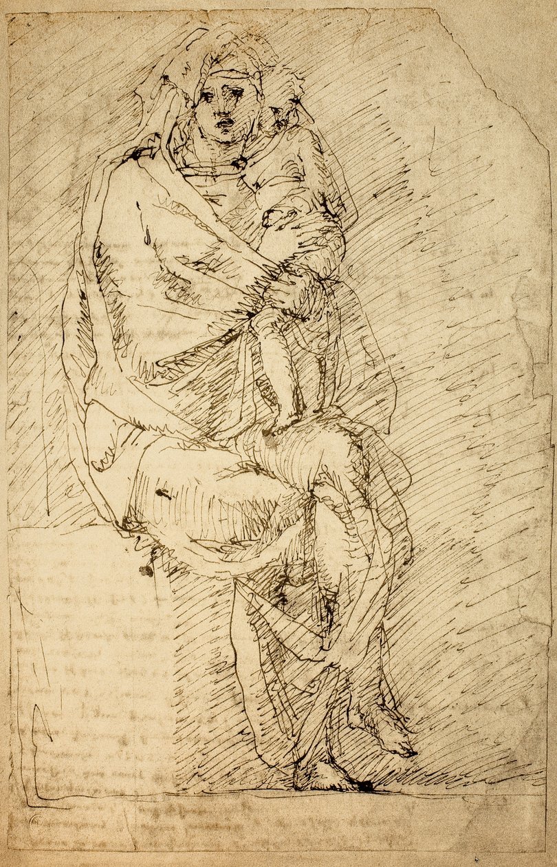 Studie voor een Madonna en Kind; tekening door Michelangelo door Michelangelo Buonarroti