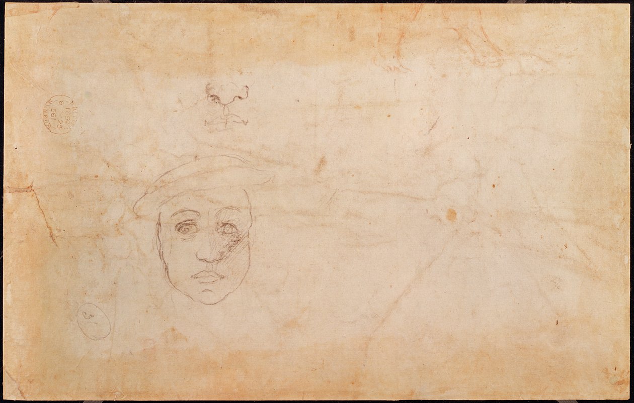 Studie van een mannelijk hoofd (verso) door Michelangelo Buonarroti