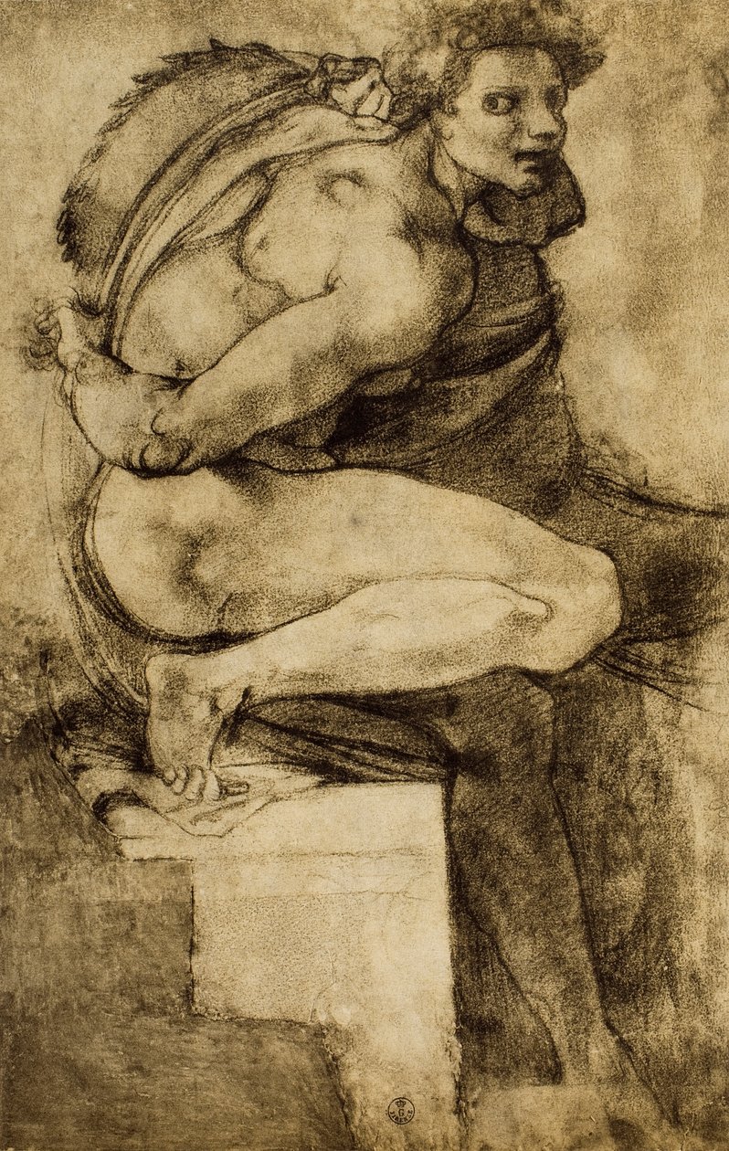 Studie van een mannelijk naakt met gebogen been, tekening door Michelangelo door Michelangelo Buonarroti