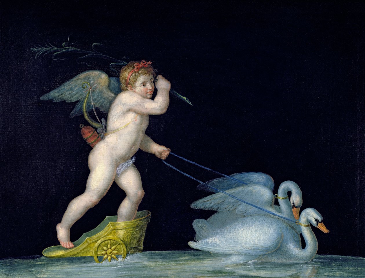 Cupido geleid door een paar zwanen door Michelangelo Maestri