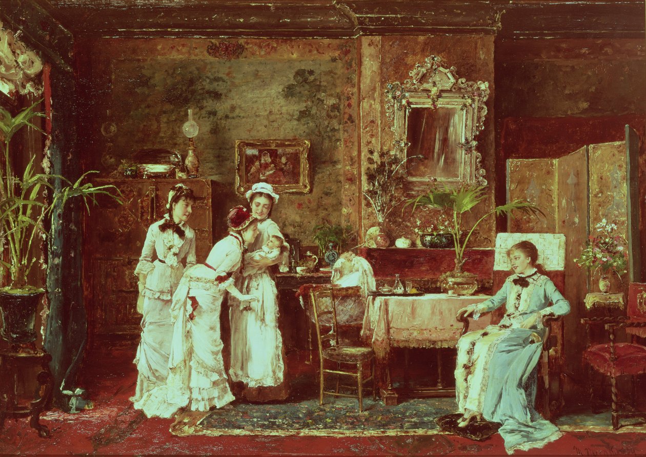 Bezoek aan een nieuwe moeder, 1879 door Mihály Munkácsy