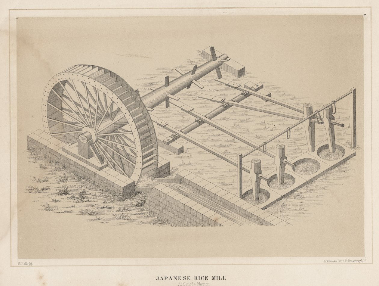 Japanse rijstmolen in Simoda, Nippon, 1855 door Miner Kilbourne Kellogg