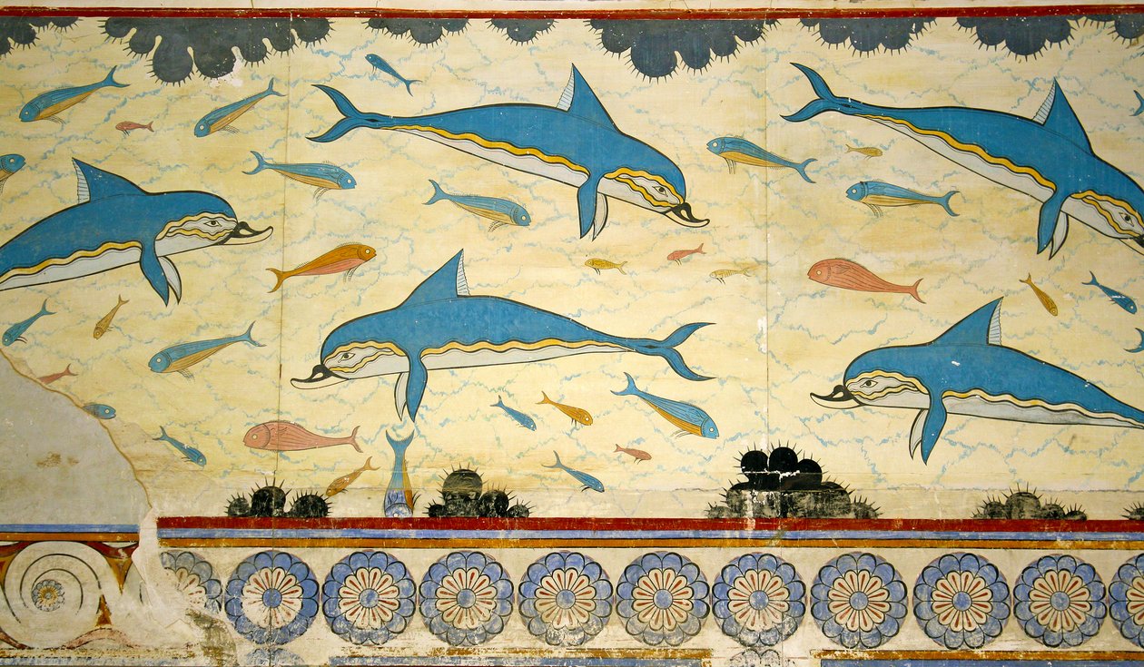 Het Dolfijnfresco in de badkamer van de koningin, Knossos, Kreta 1550-1450 v.Chr. door Minoan