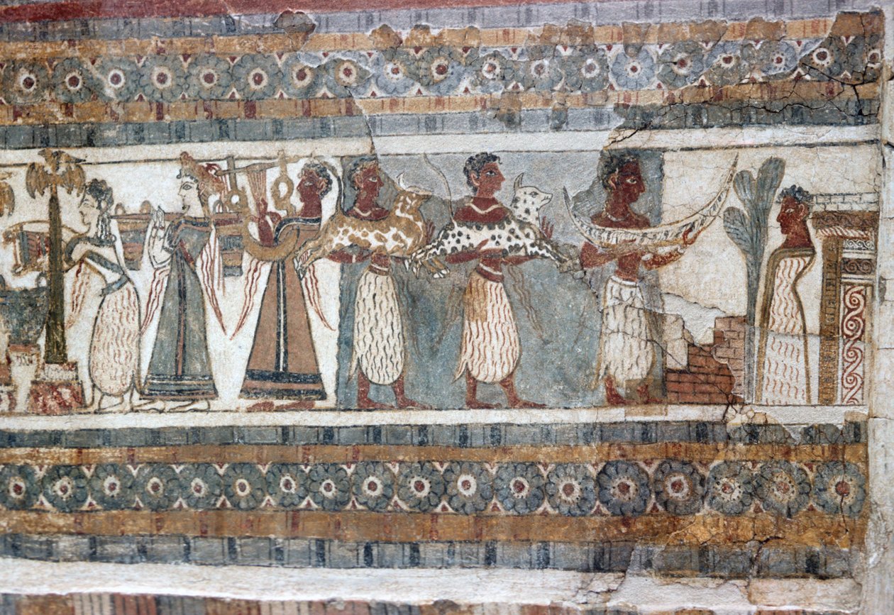 Detail, fresco op sarcofaag van Hagia Triada door Minoan