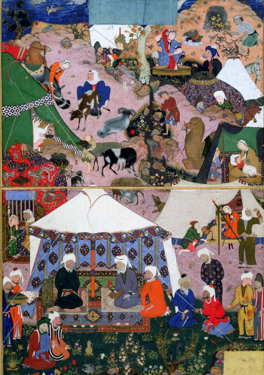 Nomadisch kampement, uit een Khamsa (Kwintet) door Nizami, Tabriz, Oost-Azerbeidzjan, Perzisch, Safavid-dynastie, 1539-43 door Mir SayyidAli attr. to Mir SayyidAli attr. to