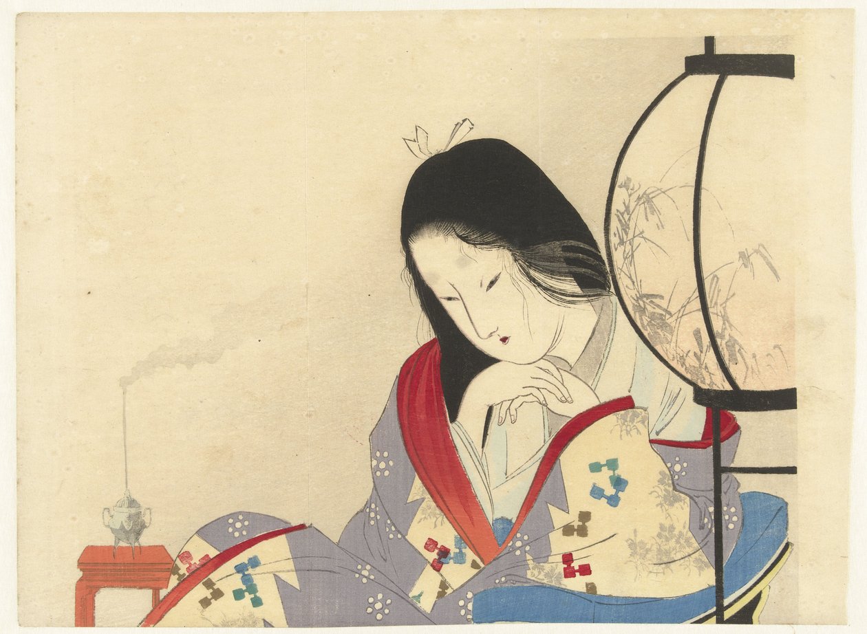 Vrouw in een interieur bij een lamp, 1890-1908 door Mizuno Toshikata