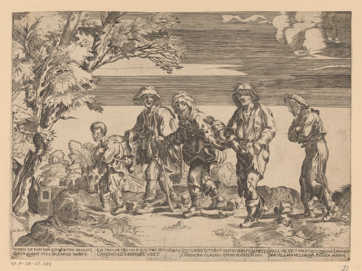 Groep bedelaars in landschap door Monogrammist CLPAGI