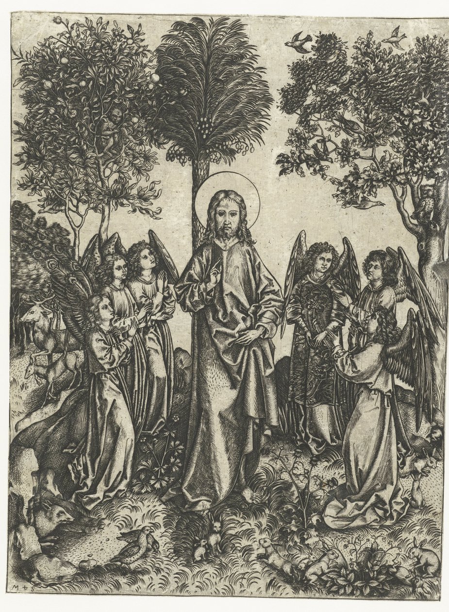 Christus in de wildernis met engelen door Monogrammist IE