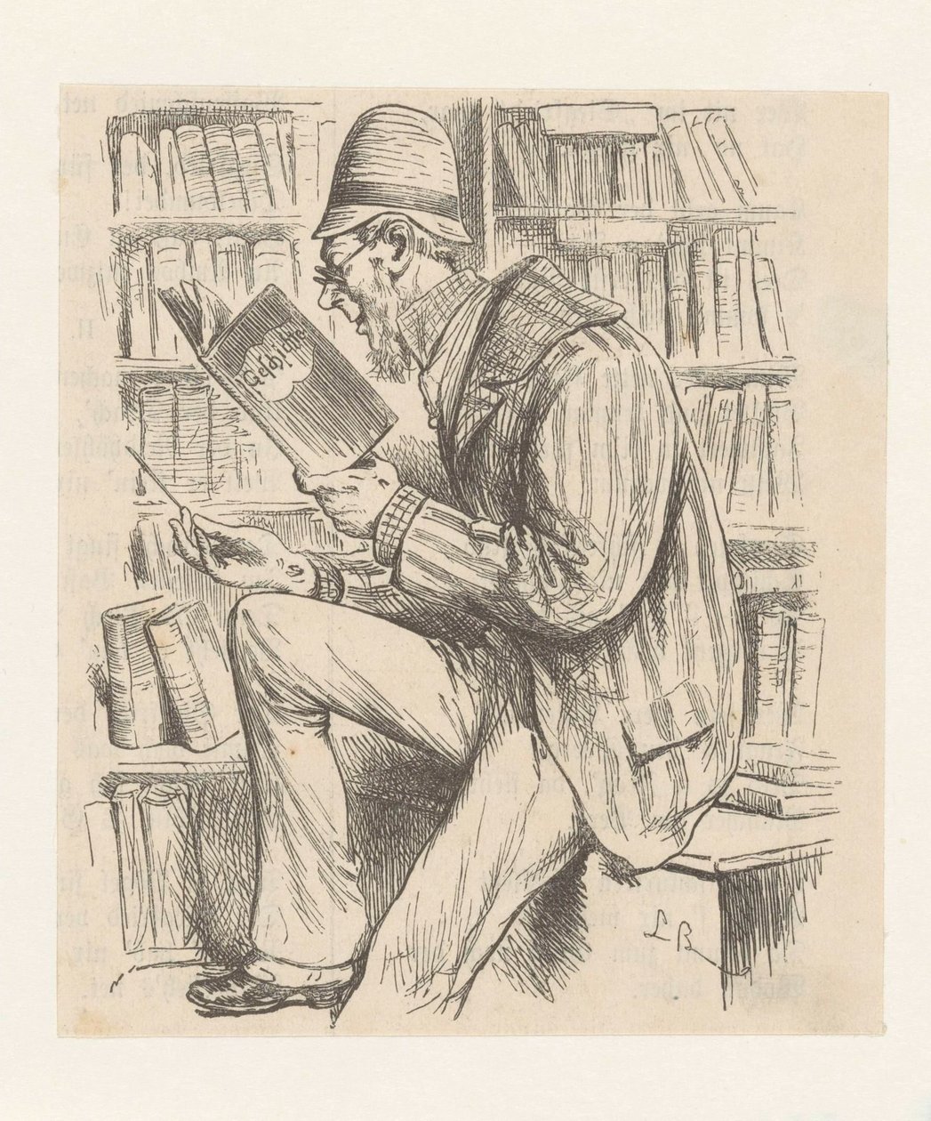 Man in een boekwinkel door Monogrammist LB (Duitsland 19e eeuw)
