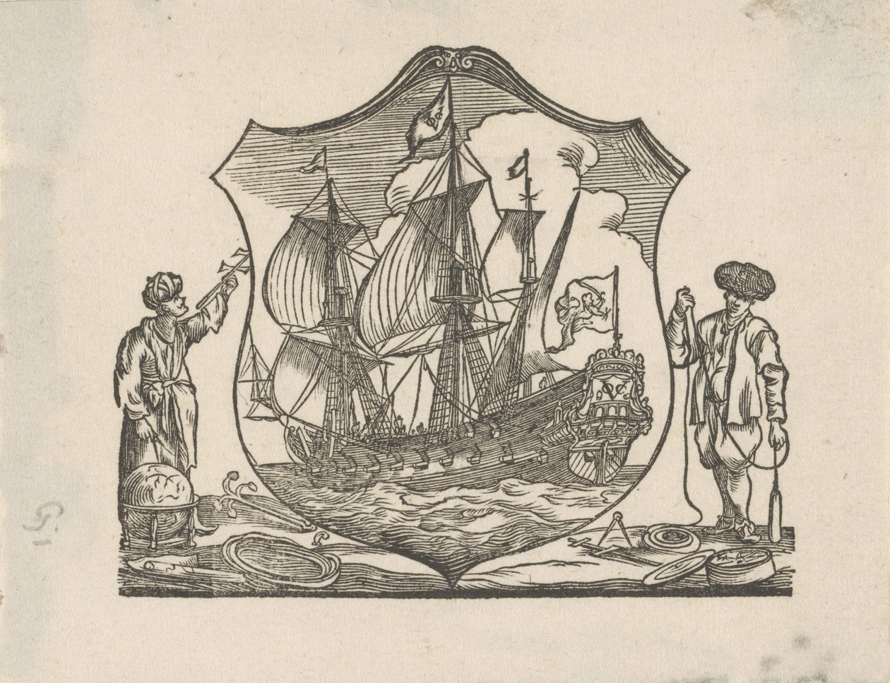 Vignet met een VOC-schip door Monogrammist P