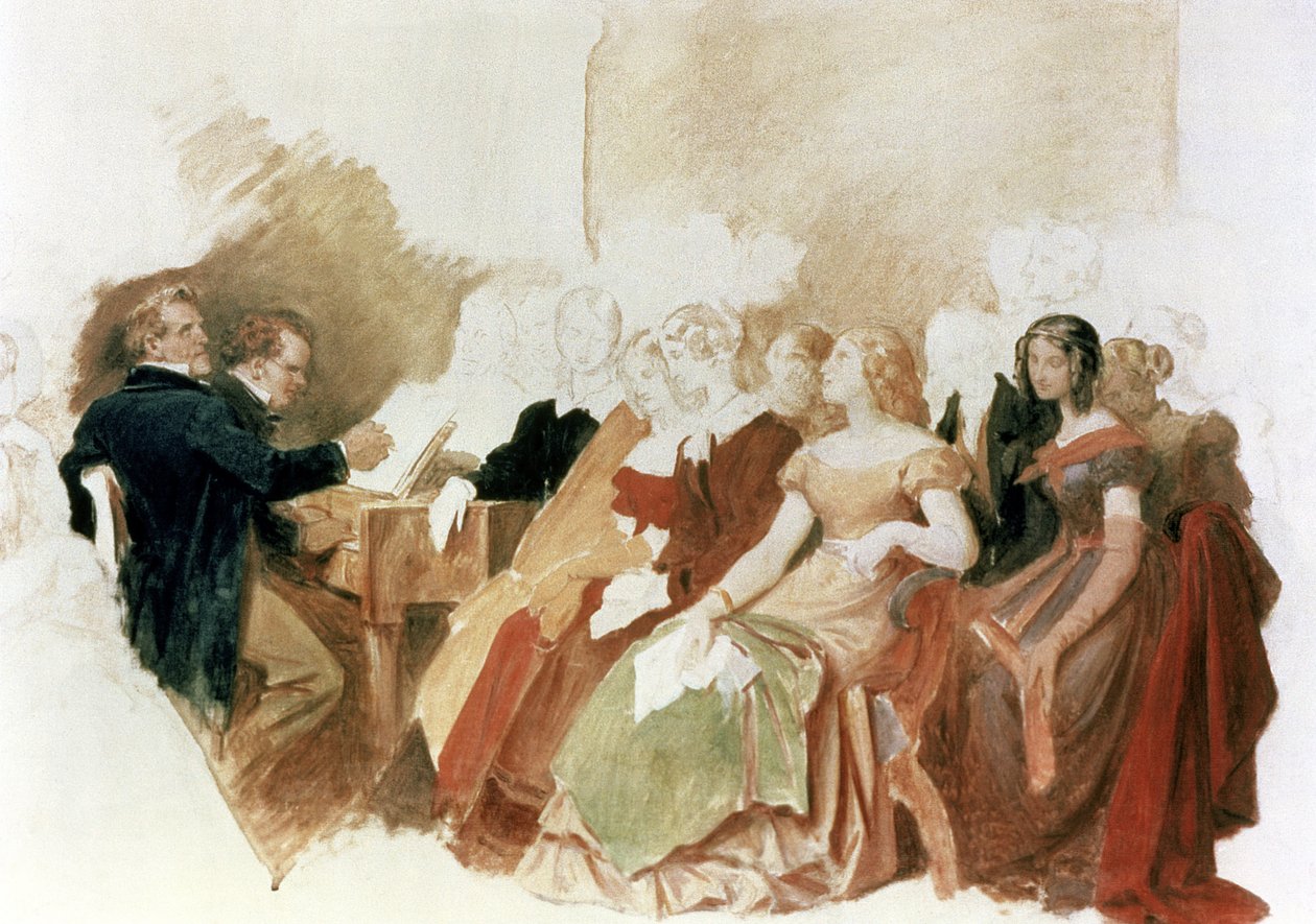 Studie voor Een Avond bij Baron von Spaun: Schubert aan de piano onder zijn vrienden, inclusief de operabariton Johann Vogl (1768-1840) door Moritz Ludwig von Schwind