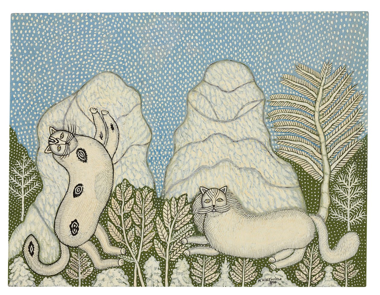 Katten in de sneeuw door Morris Hirshfield