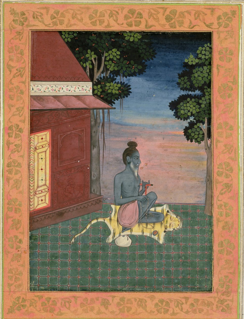 Bejaarde asceet zittend op een tijgervel buiten een gebouw, uit het Grote Clive Album, c.1670 door Mughal School
