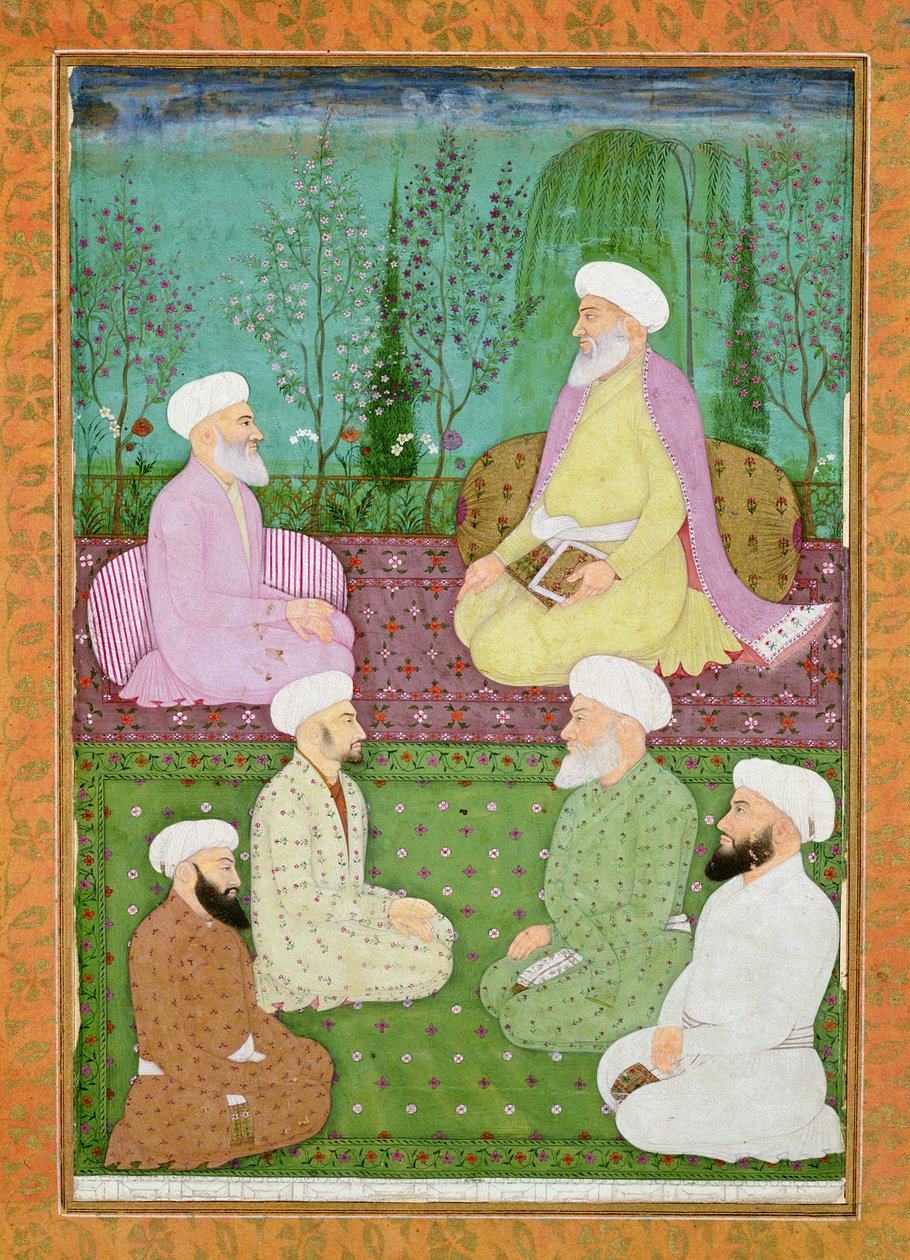 Zes moslim heiligen zittend op een tuin terras, uit het Grote Clive Album door Mughal School