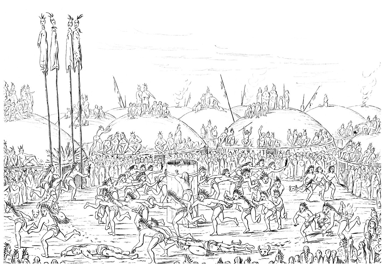 Religieuze ceremonie, Mandan-dorp door Myers and Co