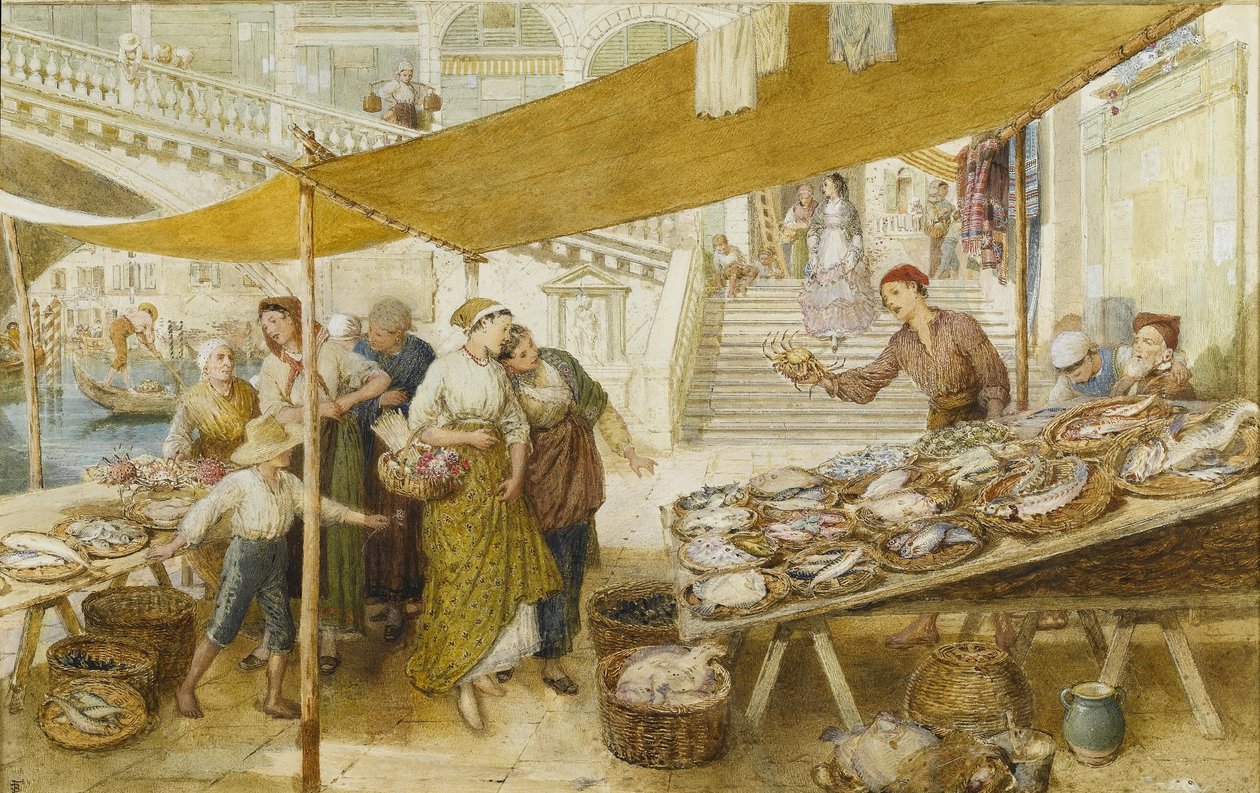 De vismarkt op de trappen van de Rialtobrug door Myles Birket Foster