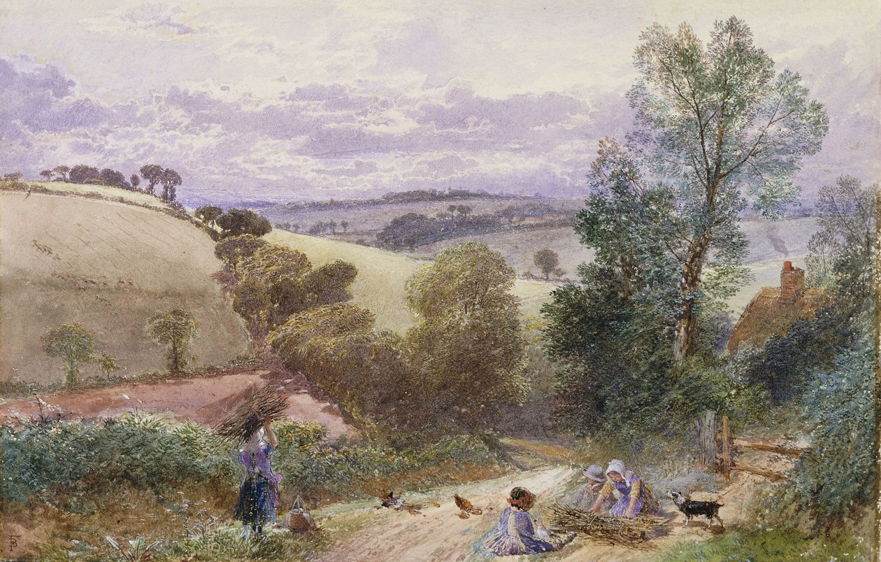 Figuren die takken verzamelen langs een weg door Myles Birket Foster