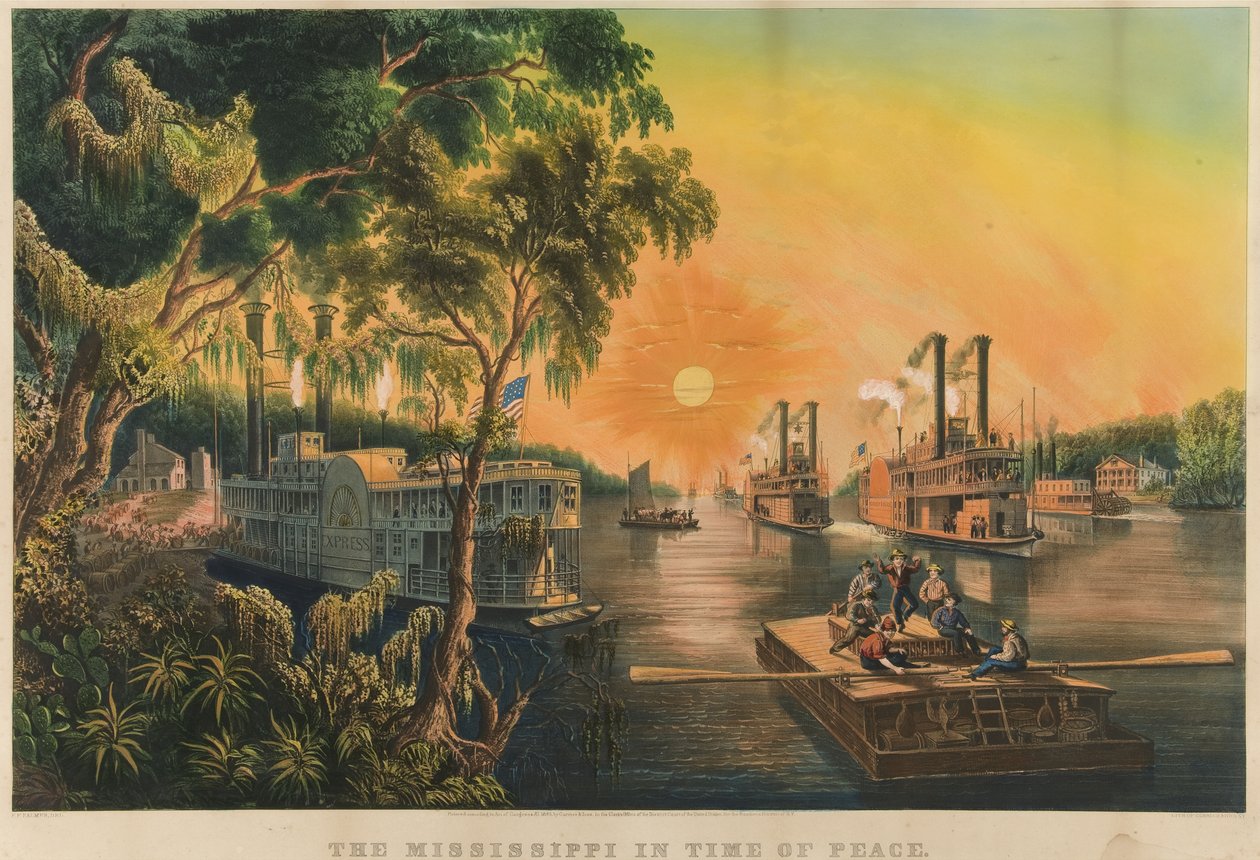 De Mississippi in vredestijd door N. and Ives, J.M. Currier