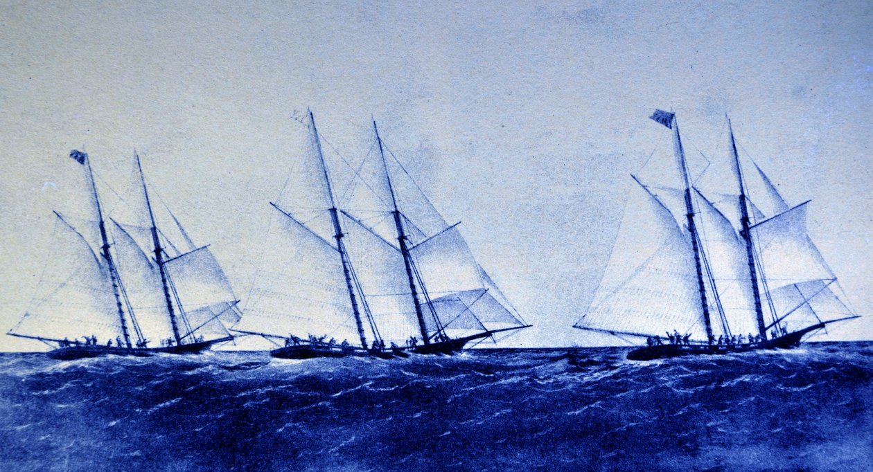 De Grote Oceaan Jachtrace tussen de Henrietta, Fleetwing & Vesta door N. and Ives, J.M. Currier