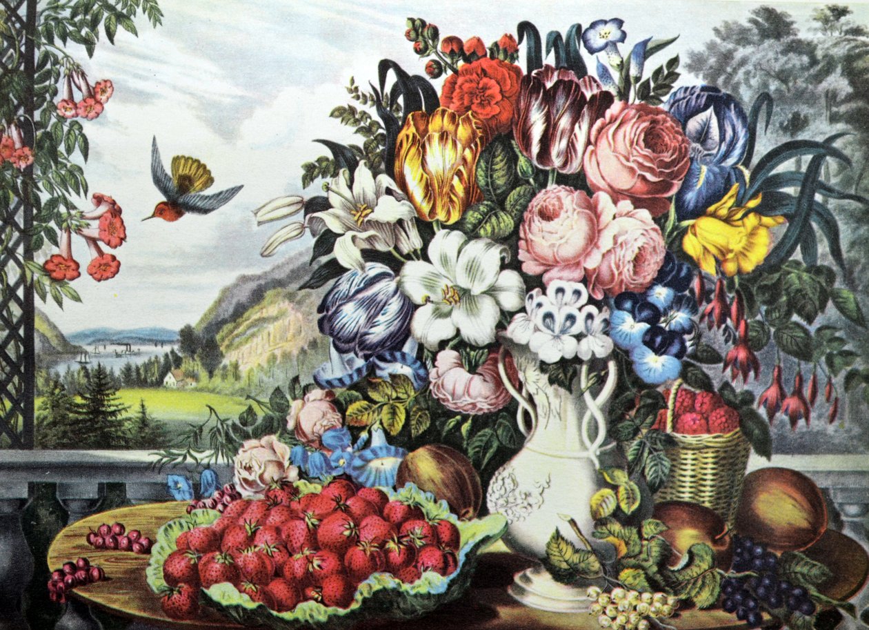 Landschap, Fruit en Bloemen door N. and Ives, J.M. Currier