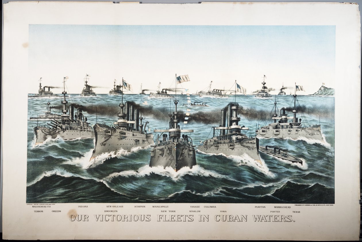 Onze zegevierende vloten in Cubaanse wateren, 1898 door N. and Ives, J.M. Currier