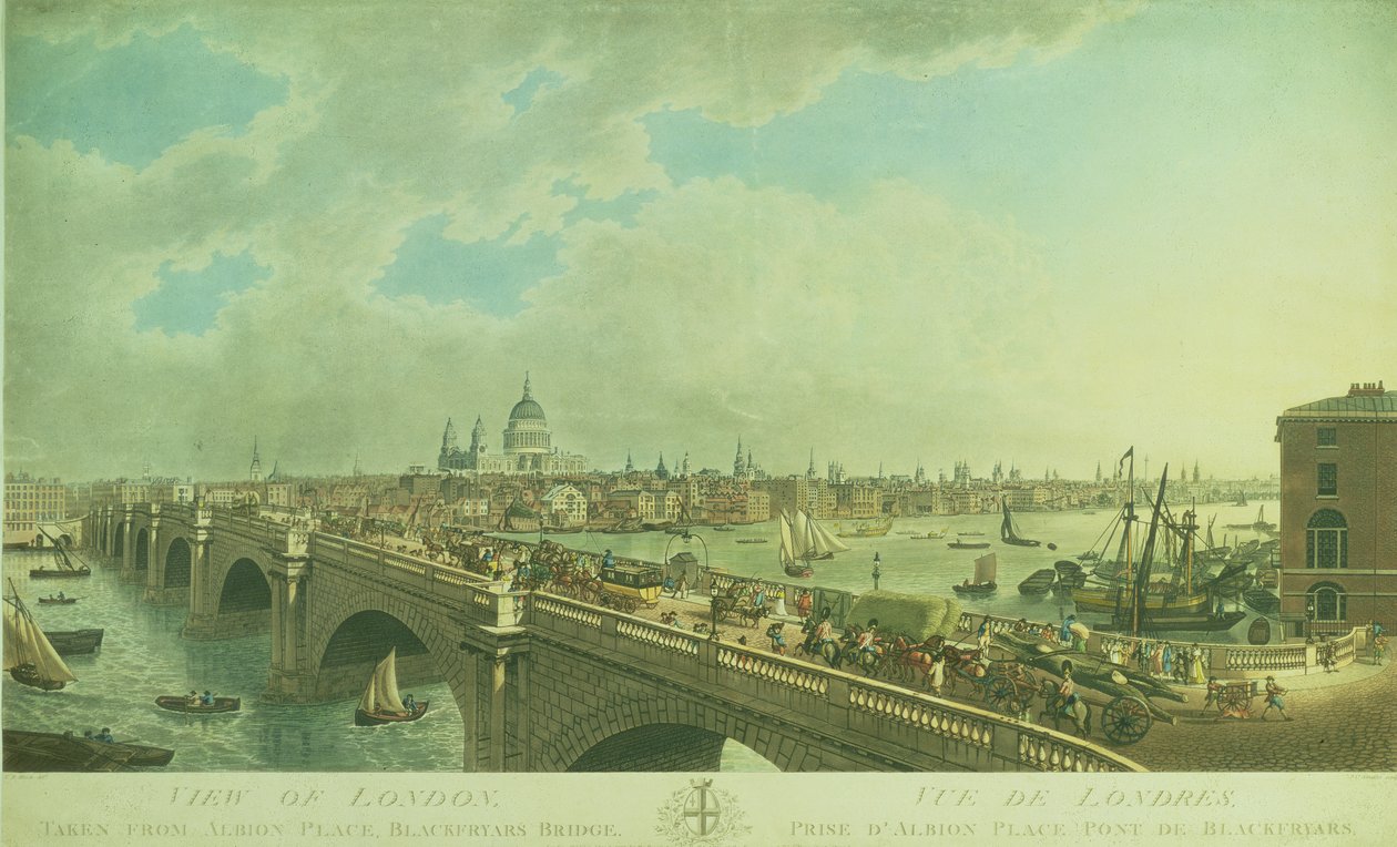Uitzicht op Londen vanaf Albion Place, Blackfriars Bridge, gegraveerd door Joseph Constantine Stadler, pub. 1802 door N.R. Black