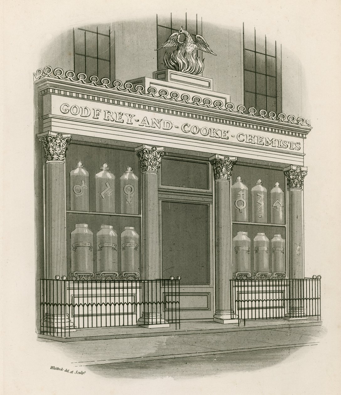 Winkelgevel van Godfrey en Cooke, Chemists, Conduit Street, Londen door Nathaniel Whittock