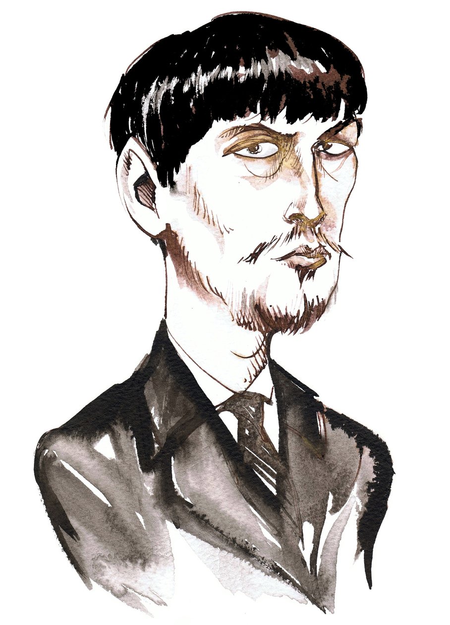 Achille-Claude Debussy, Franse componist (1862-1918), inkt karikatuur als jonge man door Neale Osborne