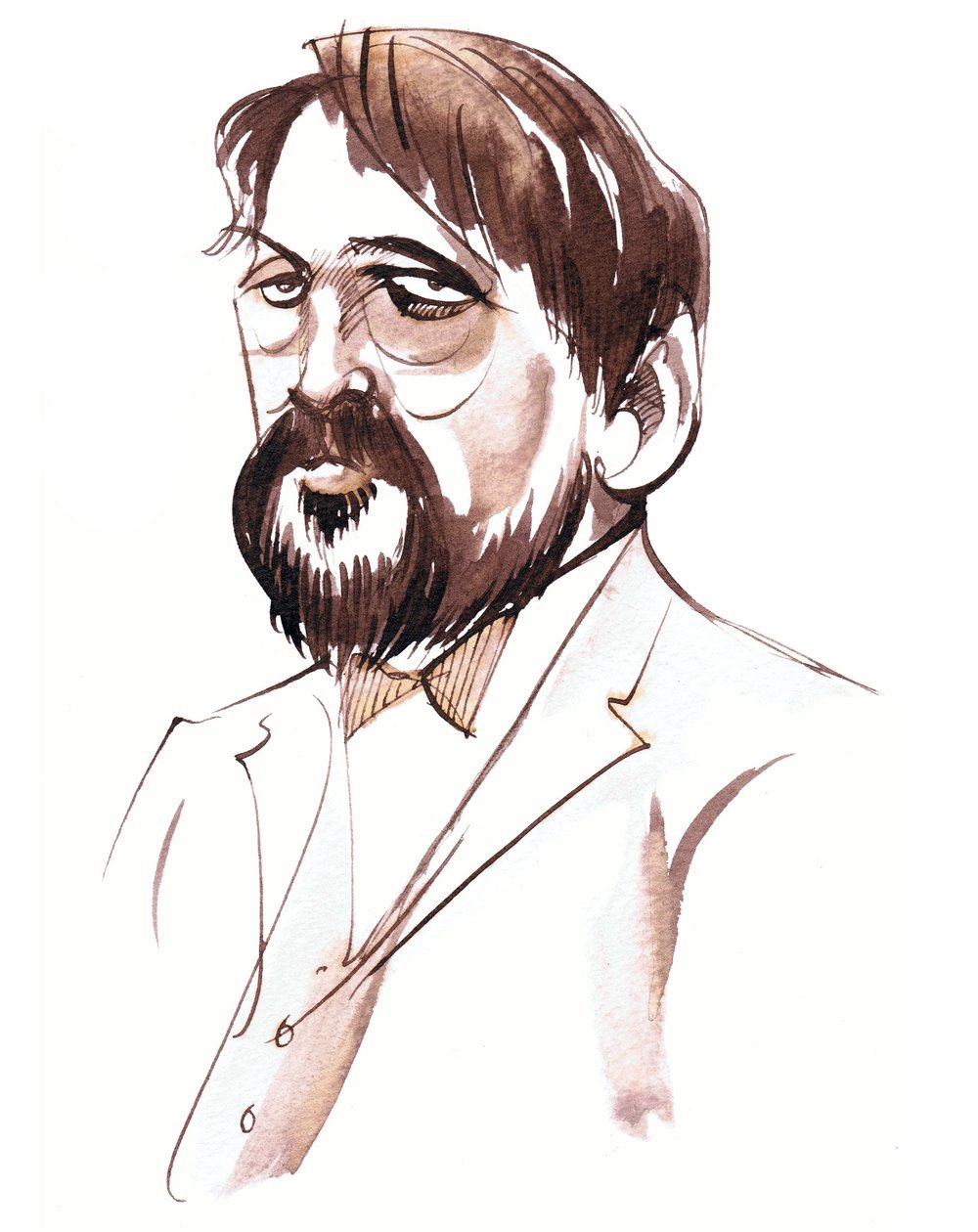 Achille-Claude Debussy, Franse componist (1862-1918), sepia inkt portret door Neale Osborne