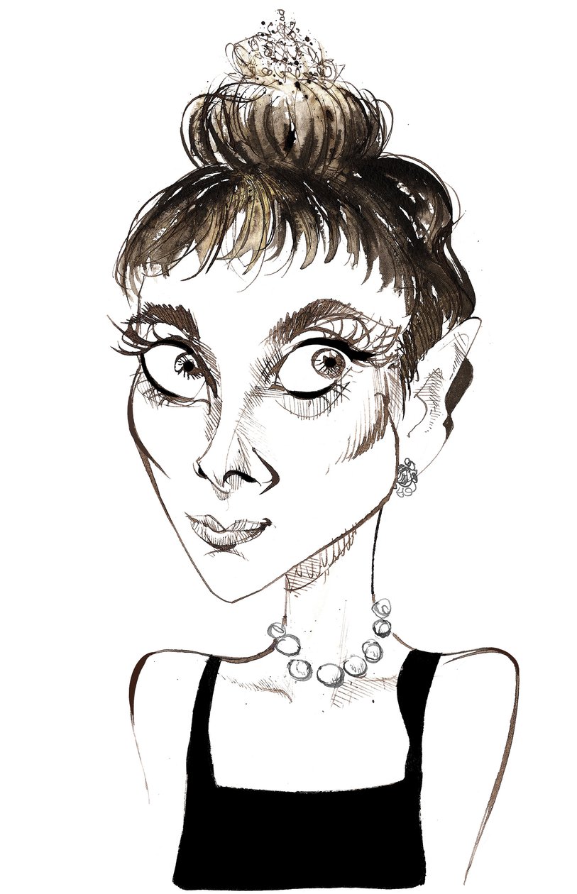 Audrey Hepburn (1929-1993) Belgisch geboren actrice, kleurenkarikatuur als Holly Golightly uit de film Breakfast at Tiffany