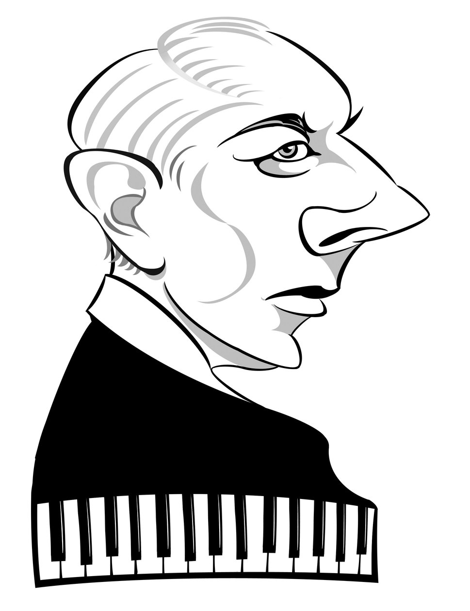 Bela Bartok - Hongaarse componist en pianist (1881-1945); zwart-wit karikatuur door Neale Osborne