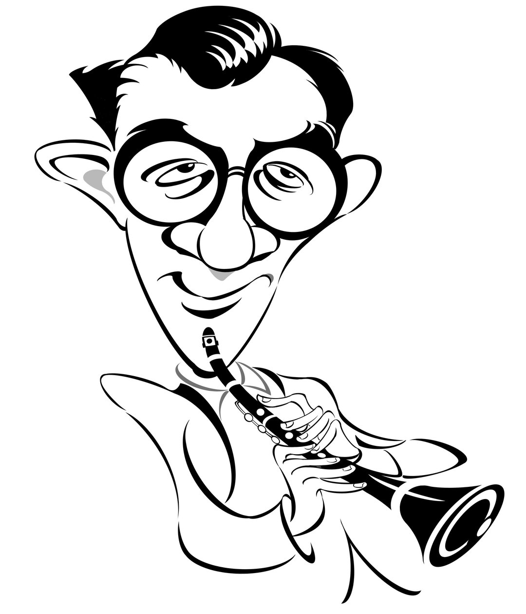 Benny Goodman - Amerikaanse jazz- en swingmuzikant, klarinettist en bandleider, bekend als The King of Swing (1909 - 1986); karikatuur door Neale Osborne
