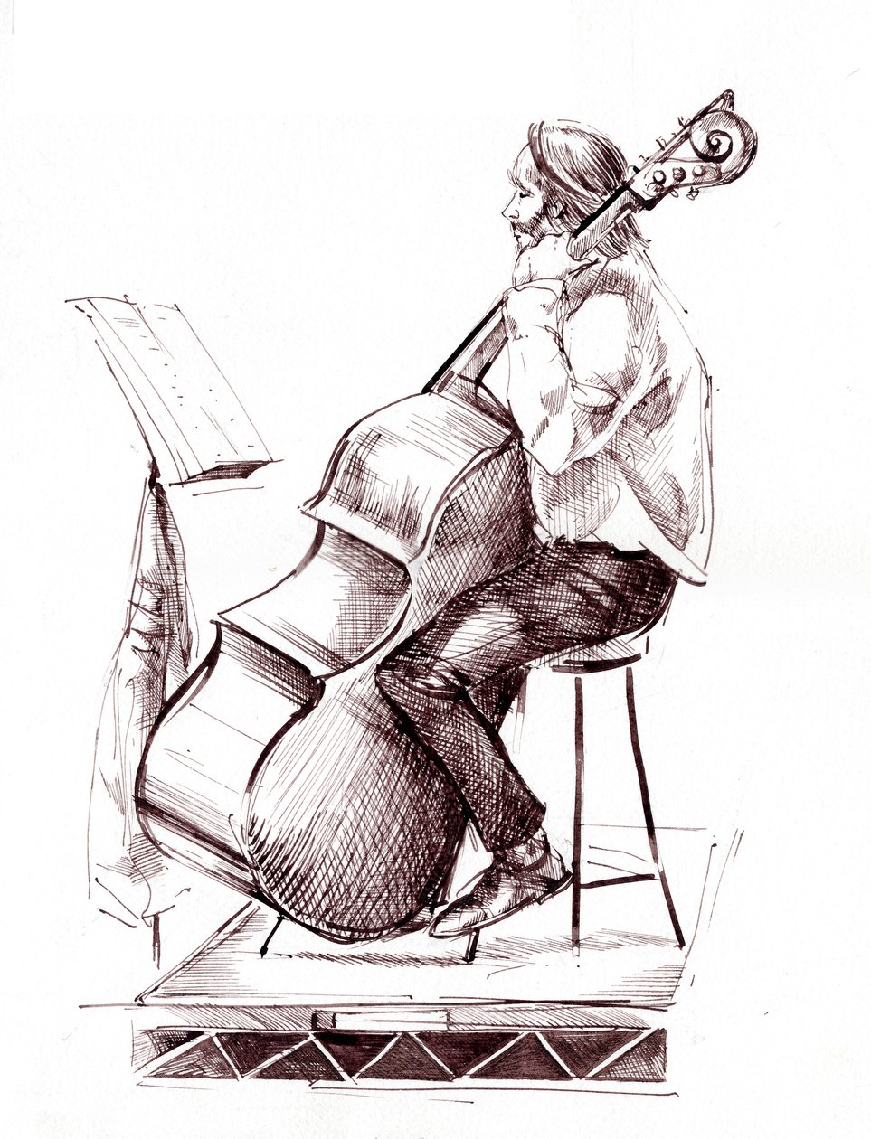 Contrabassist - inkttekening van een lid van het City of Birmingham Symphony Orchestra (CBSO) die de contrabas speelt door Neale Osborne