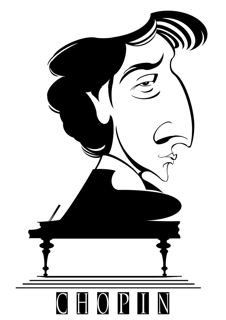 Frederic Chopin, Frans-Pools geboren componist en pianist (1810-49), zwart-wit grafische karikatuur met piano door Neale Osborne