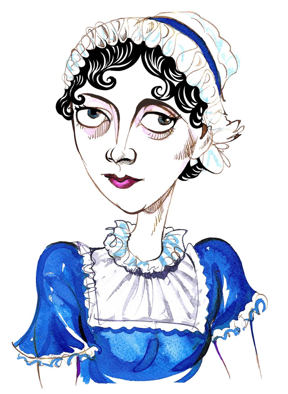 Jane Austen, Engelse romanschrijver, (1775-1817) karikatuur door Neale Osborne