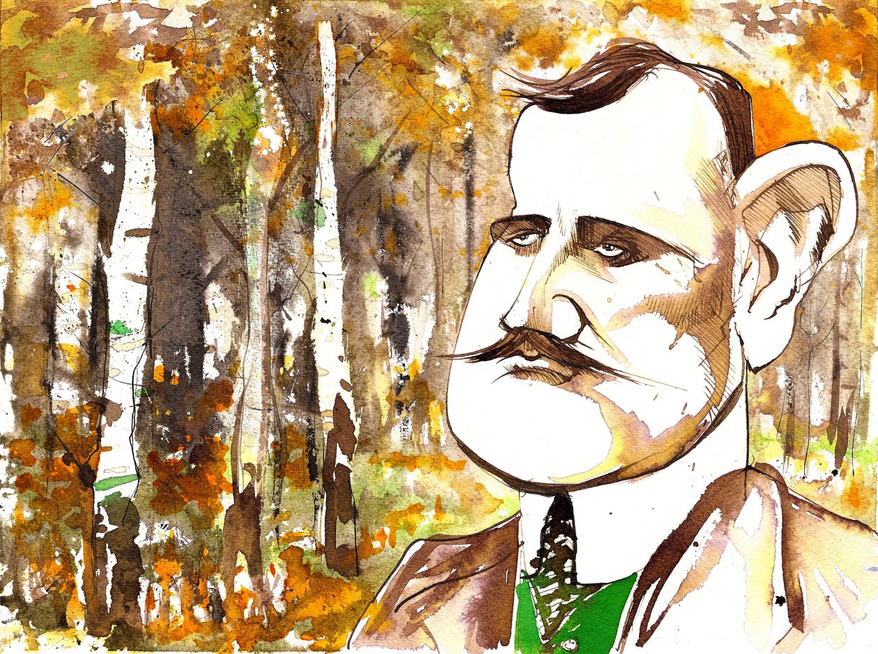 Jean Sibelius, gekarikaturiseerd als jongere man door Neale Osborne