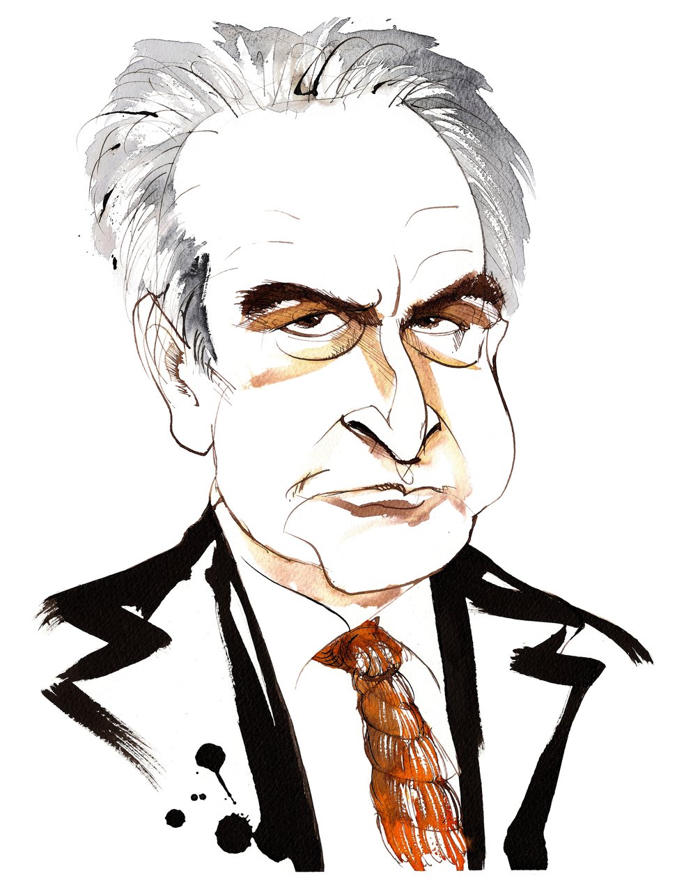 John Banville, Ierse romanschrijver en scenarioschrijver; misdaadschrijver onder het pseudoniem Benjamin Black; karikatuur met stropdas door Neale Osborne